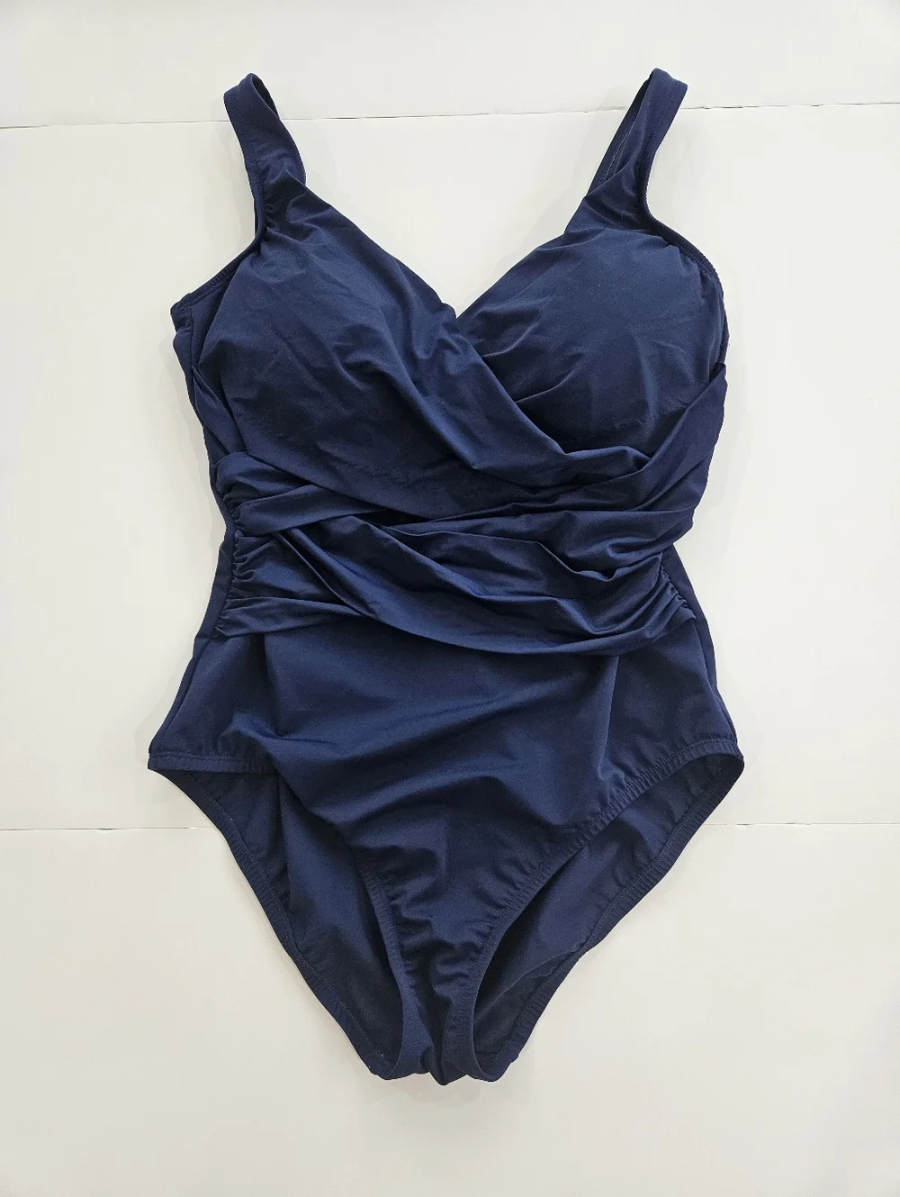 Lands’ End Slender Suit One Piece Swimsuit Womens 12 Blue Ruched Tummy Control